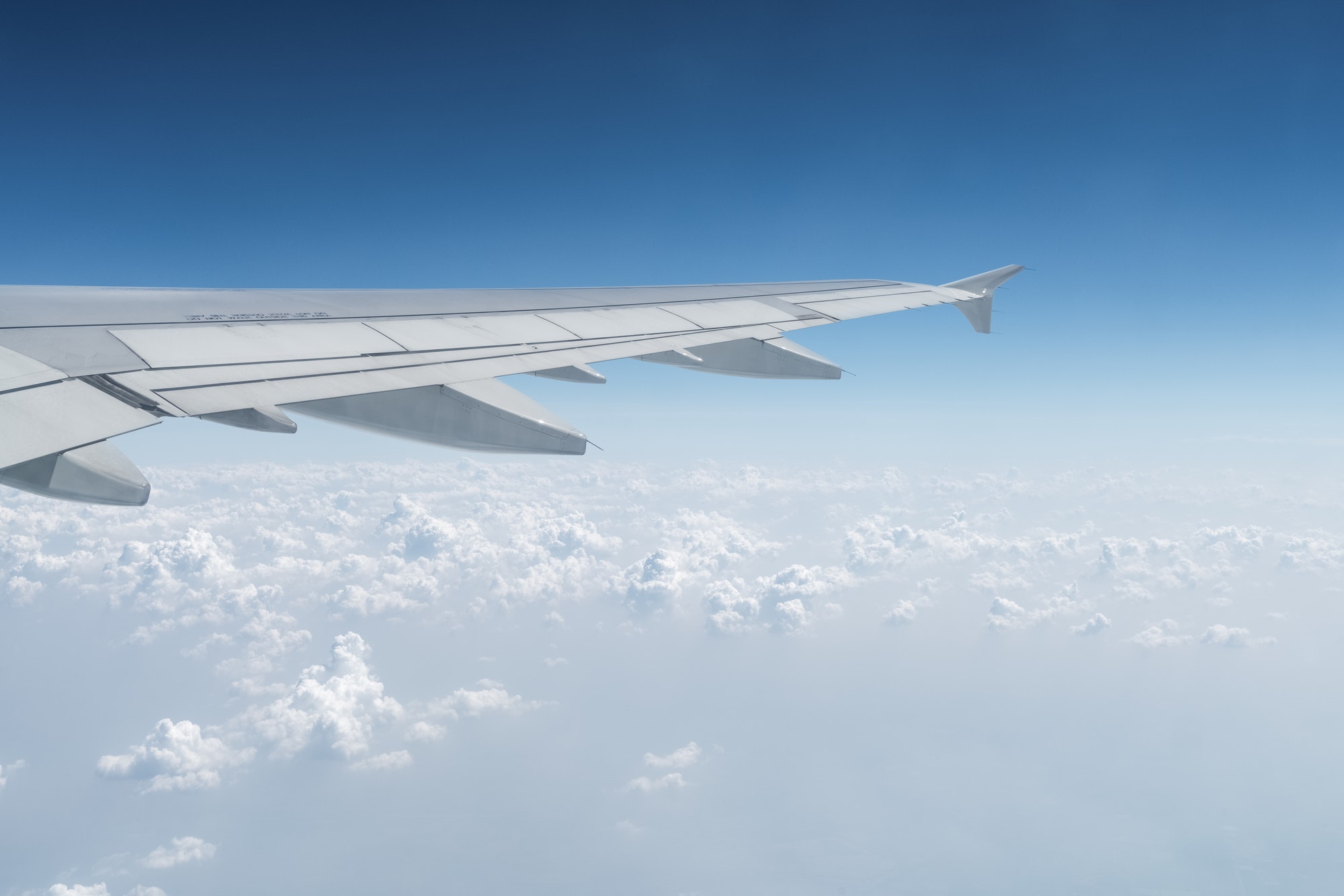airplane wing in the sky, travel by plane